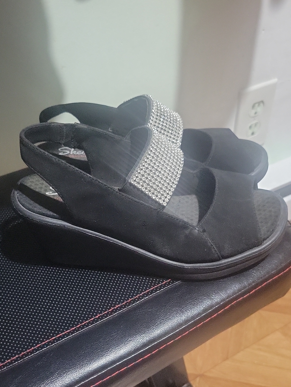 Sketchers Black Memory Foam Sueded Rhinestone Wedge Shoes